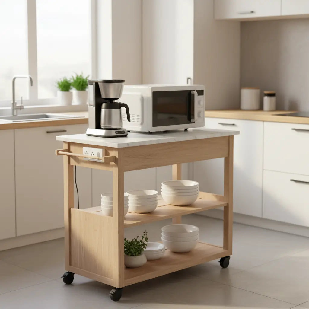 A modern rolling kitchen island cart with power outlets, a coffee maker, and a microwave in a bright small kitchen.