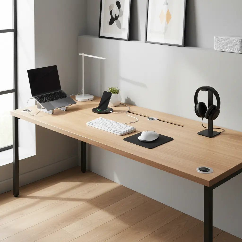 A modern desk setup with built-in USB-C ports, a laptop and phone charging, and minimal visible cables in a smart home workspace.