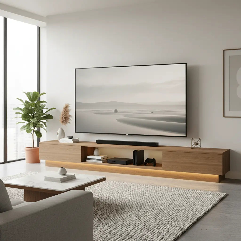 A modern living room featuring a large 85-inch TV on a sturdy wide wooden TV stand with LED lighting, a soundbar, and a gaming console.