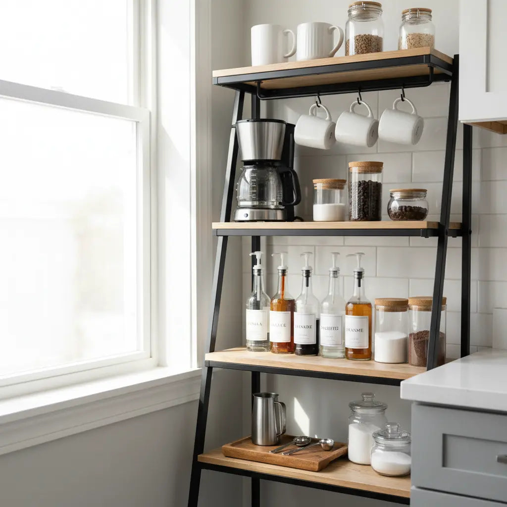 A stylish coffee station arranged on a modern bakers rack in a bright small kitchen, with a coffee maker, hanging mugs, and neatly organized syrups and accessories.
