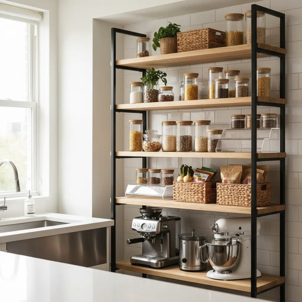 A modern small kitchen with a stylish multi-tiered bakers rack used as a pantry, neatly filled with dry goods, spices in jars, baskets, and small appliances on lower shelves.