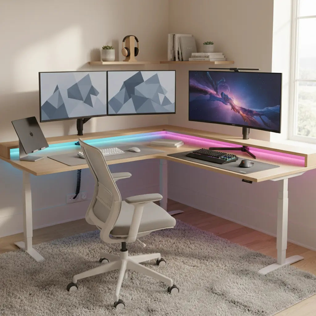 A modern L-shaped desk setup in a small apartment, arranged for both professional work and gaming with subtle RGB lighting, dual monitors, organized cables, and an ergonomic chair.