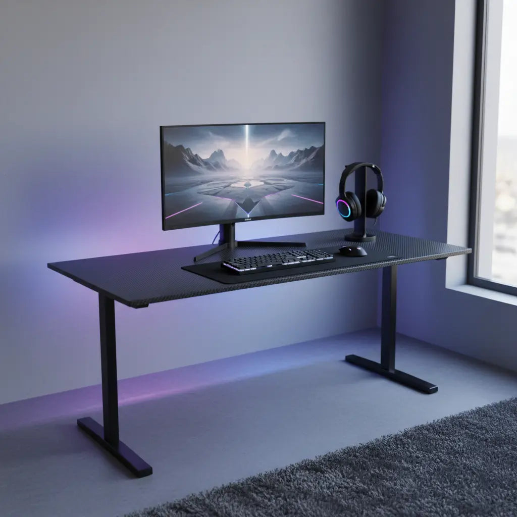 A clean premium carbon fiber gaming desk in a modern gaming setup with monitor, keyboard, mouse, and subtle ambient lighting.