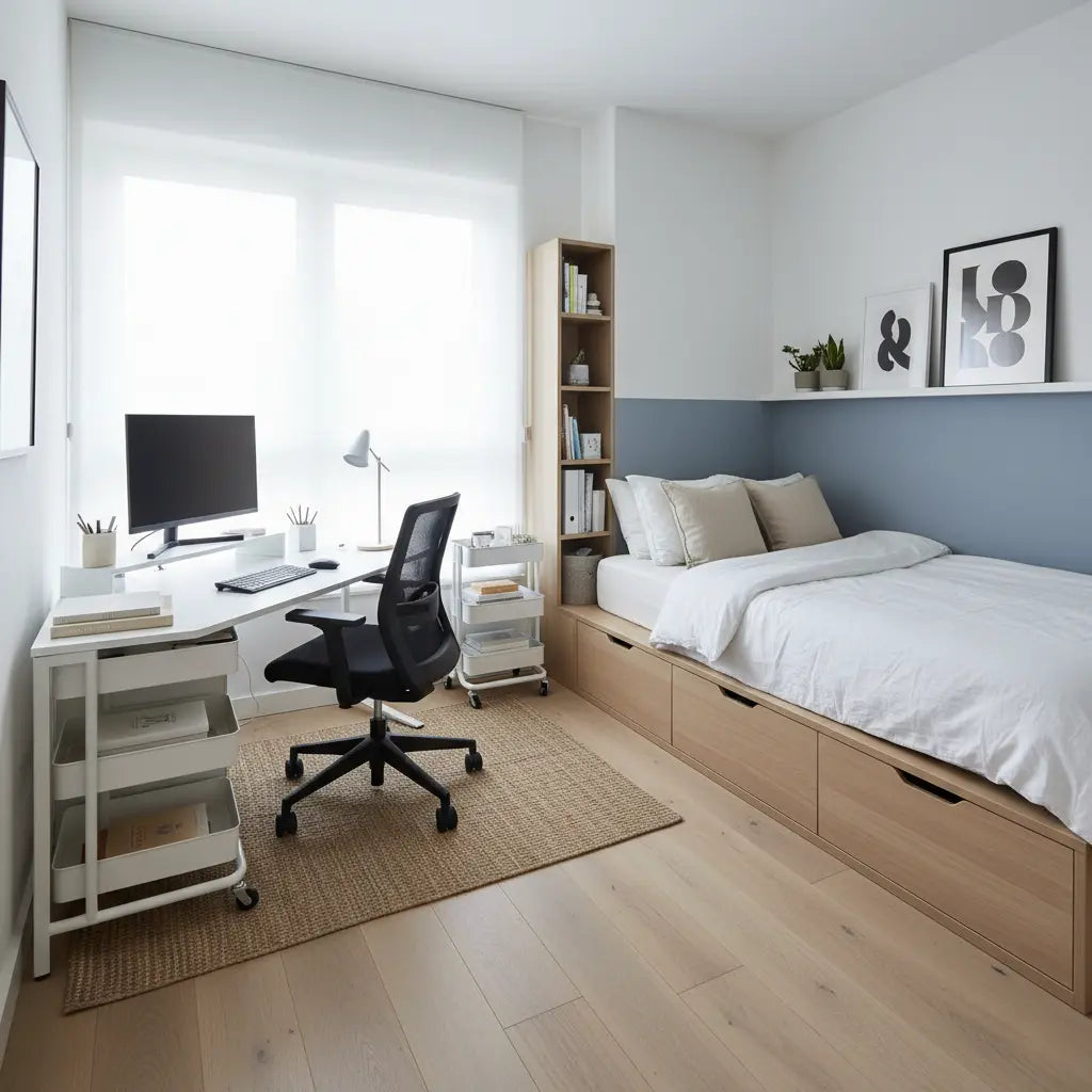 A small modern 10x10 bedroom office setup with a compact desk, chair, bed, and storage arranged to maximize space.