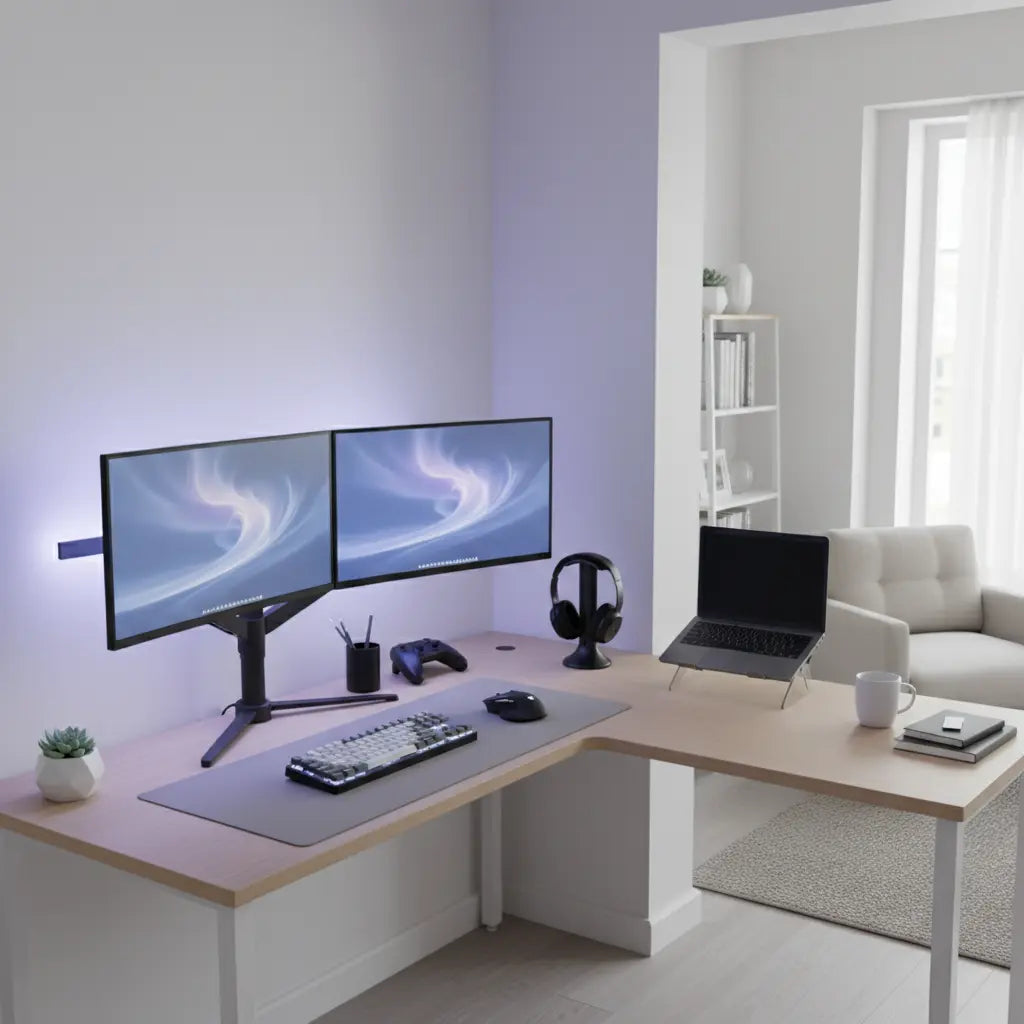 A modern L-shaped corner desk in a small apartment, arranged for both work and gaming.