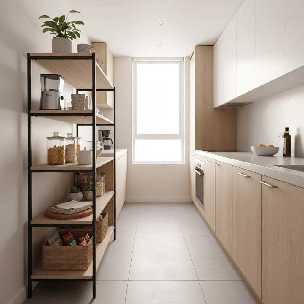 A stylish narrow kitchen with a bakers rack organized as a pantry and coffee bar, featuring a coffee maker, mugs, jars of dry goods, and neatly arranged shelves in a modern apartment.