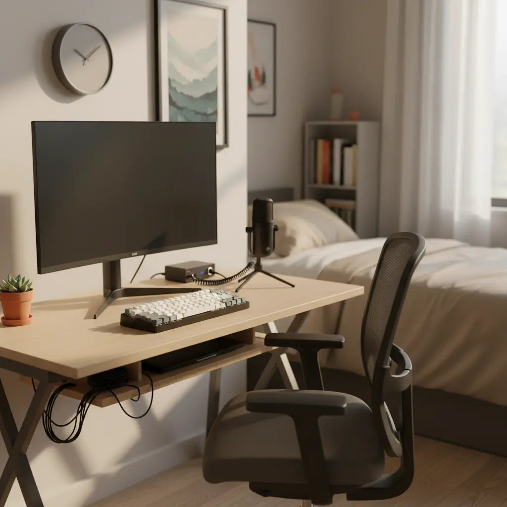 An affordable professional creator desk setup in a small bedroom with a monitor, keyboard, microphone, clean cables, and soft lighting.