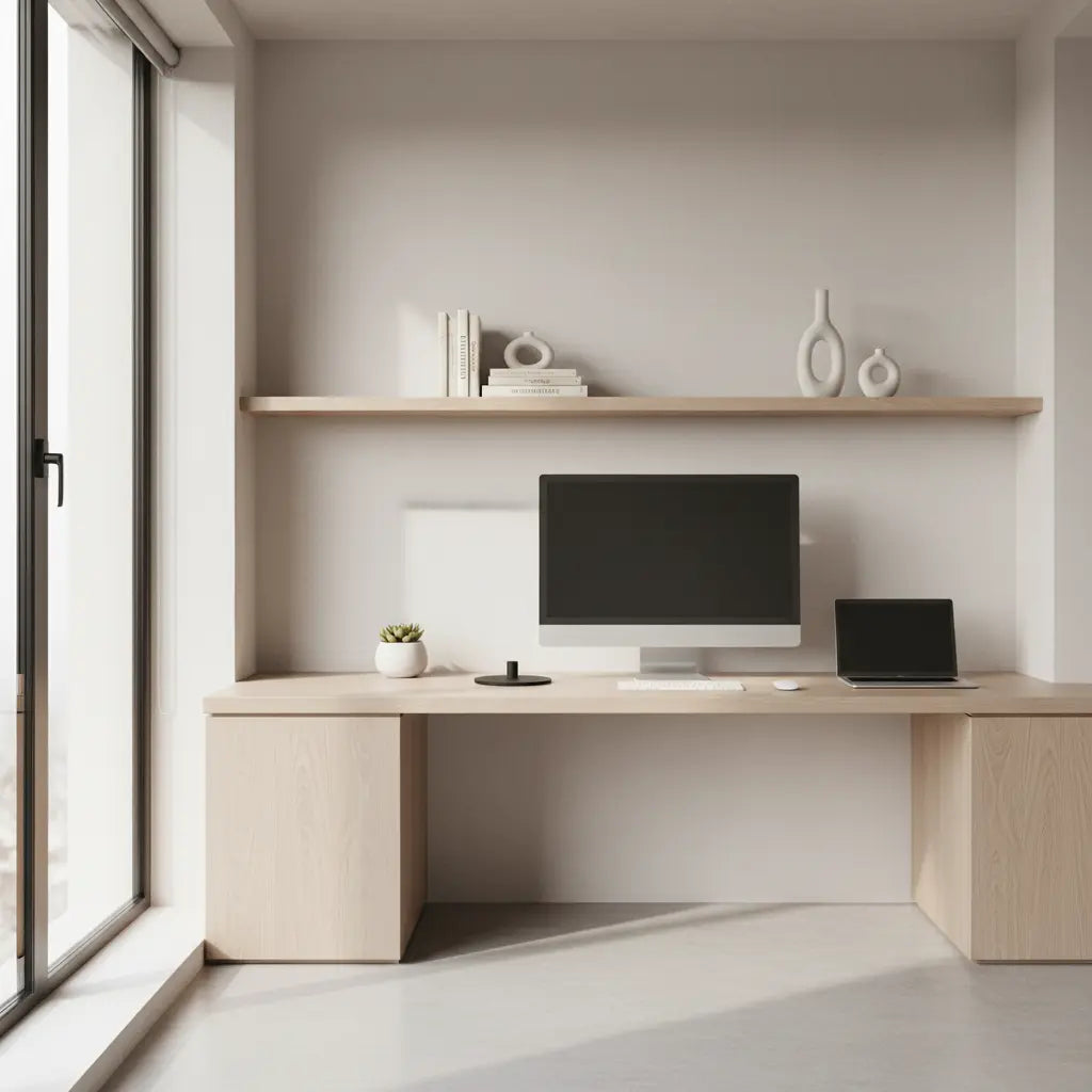 A wide view of a clean minimalist home office desk with a hidden-cable tech setup and no visible wires.