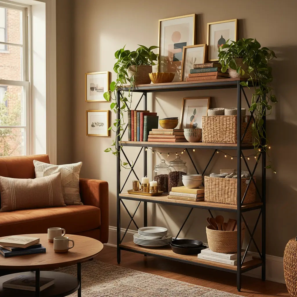 A stylish cluttercore baker's rack in a small apartment, filled with curated decor, plants, baskets, and practical items in vibrant organized chaos.