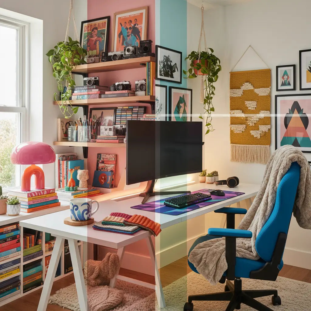 A vibrant collage of trending desk aesthetics including dopamine decor, cluttercore, and cozy gaming desk setups in a modern 2026 home office.