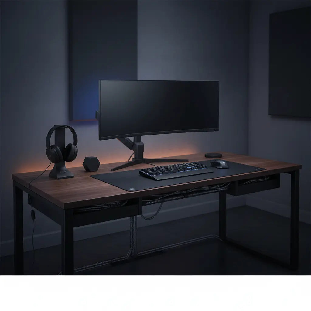 A modern gaming desk with neatly managed hidden cables, subtle RGB lighting, and a clean high-end dark aesthetic.