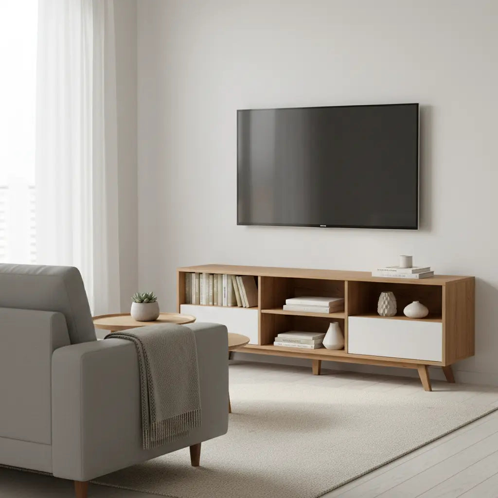 A stylish modern TV stand in a small apartment living room, with visible decor and storage, shown in a clean minimalist setting.