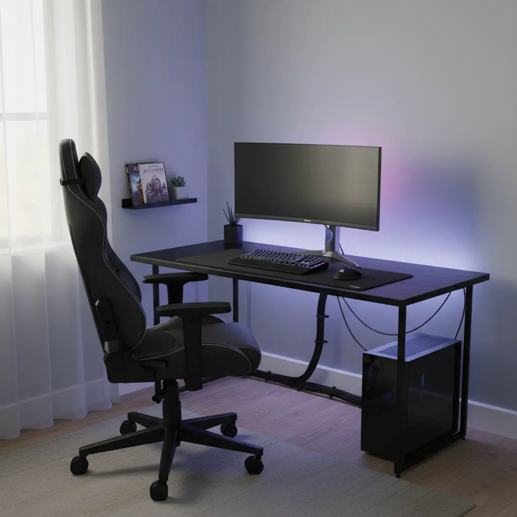 A clean premium-looking budget gaming desk setup in a small room with matte black furniture, subtle RGB accents, organized cables, and no clutter.