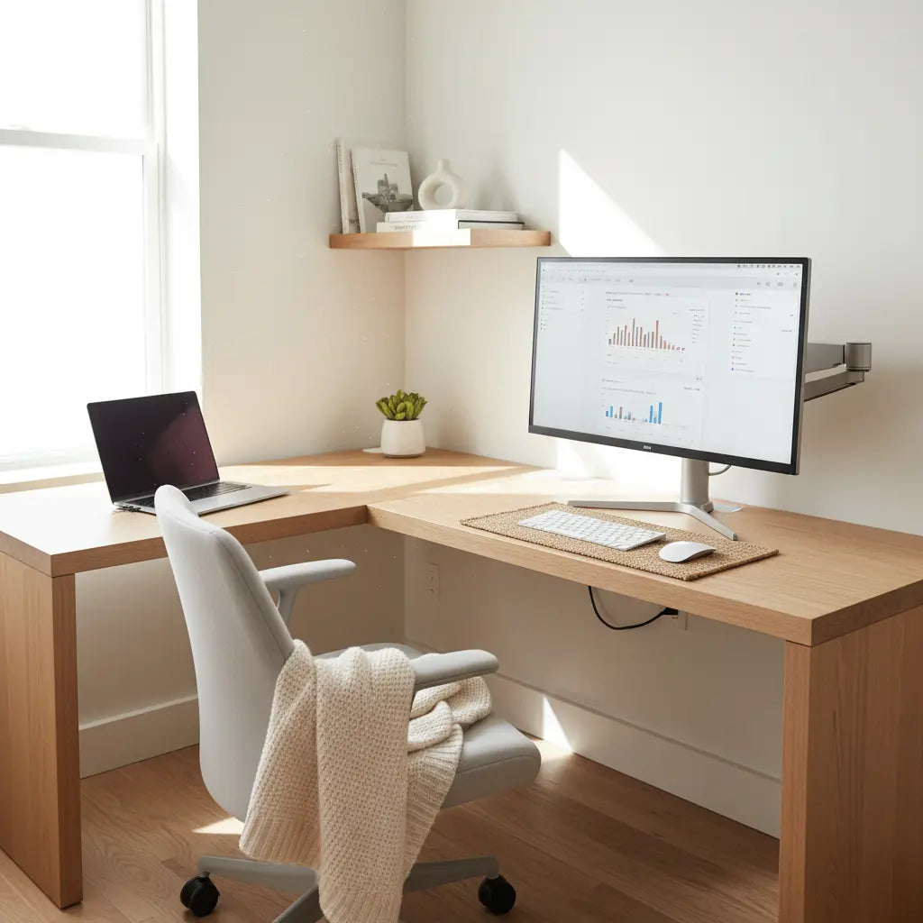 Modern hybrid desk setup in small apartment showing clean work mode with laptop and monitor during daytime