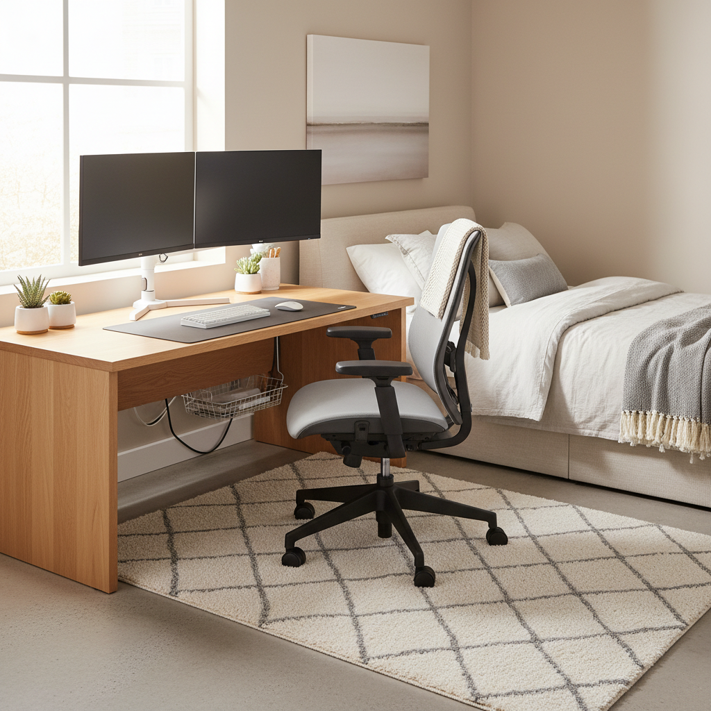 A clean, modern small bedroom with a dual monitor L-shaped desk setup, bright and cozy, with an ergonomic and minimal clutter arrangement.
