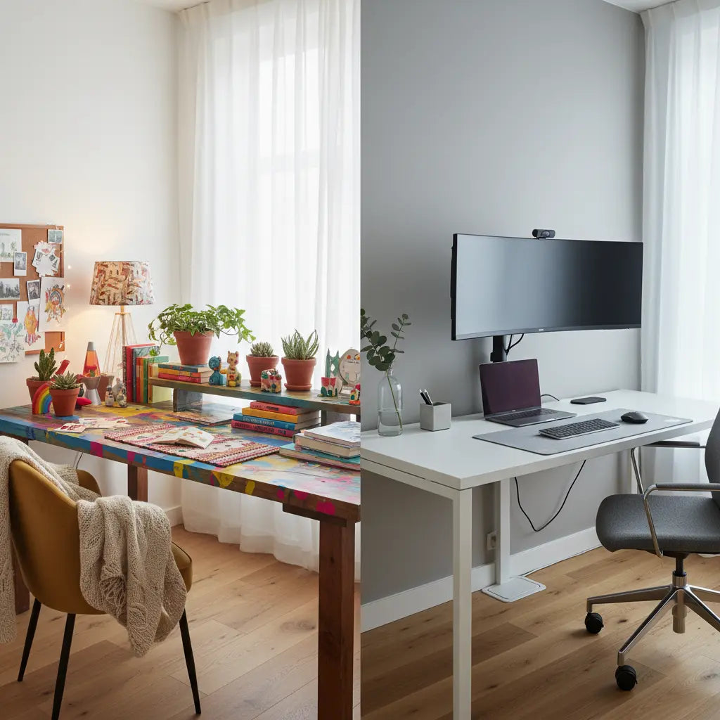 Side by side comparison of a vibrant dopamine decor desk and a clean minimalist tech desk.