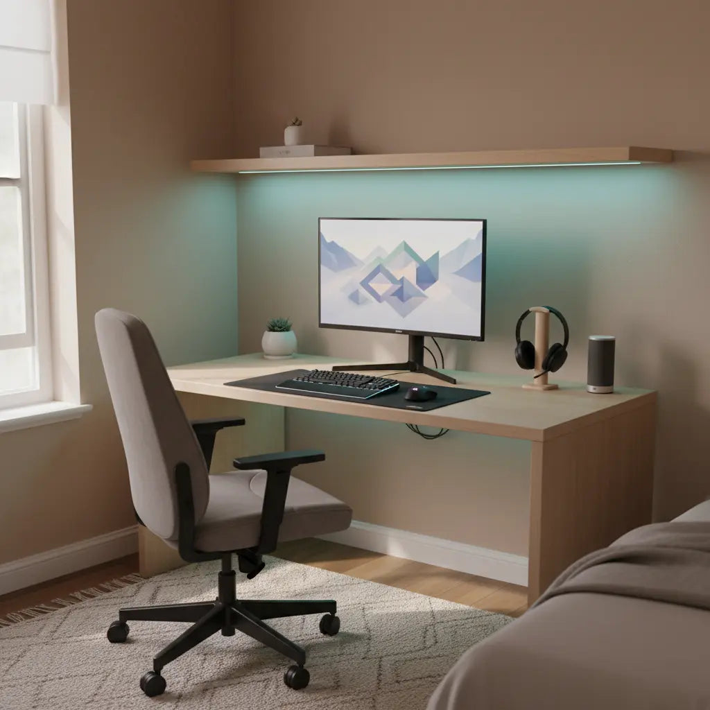 A modern budget gaming desk setup with subtle LED lighting in a small room, clean and inspiring.