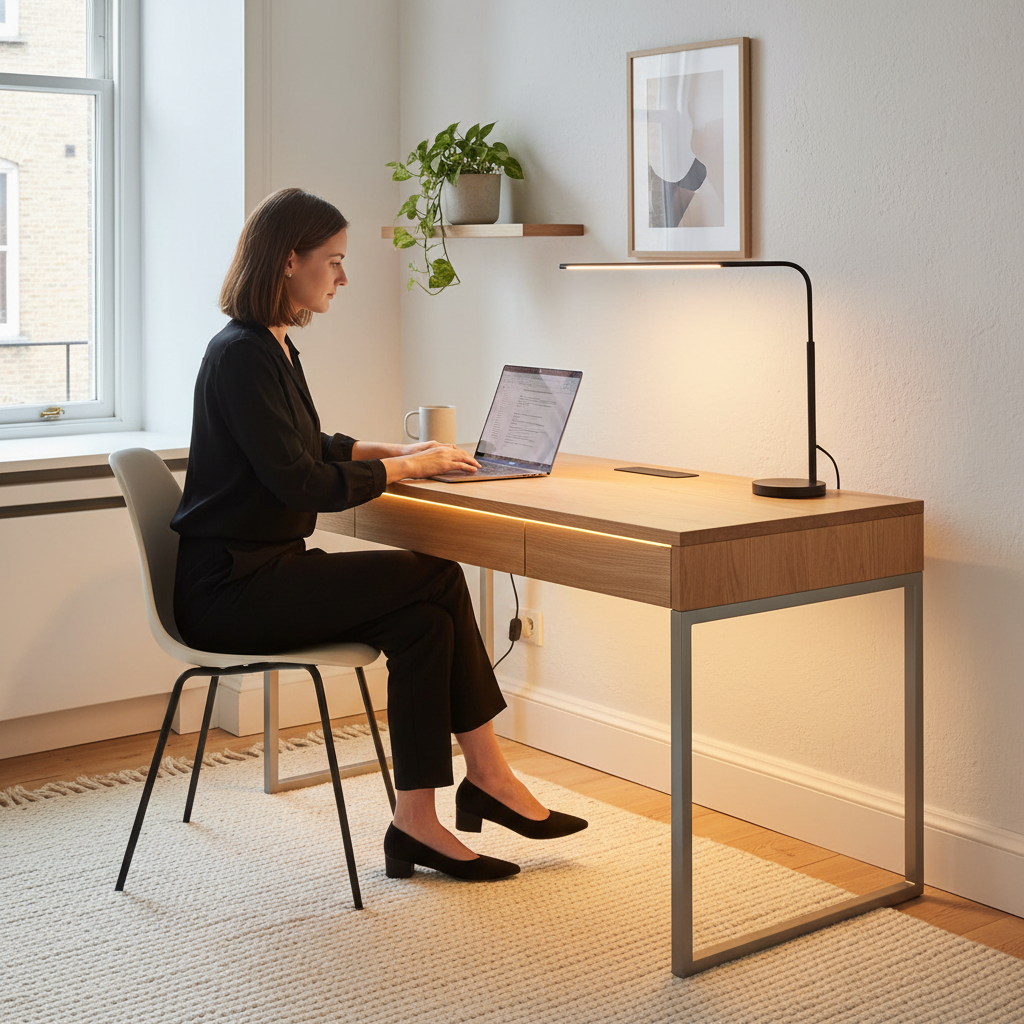 A young professional using a modern minimalist LED desk in a clean apartment workspace with a subtle warm glow.