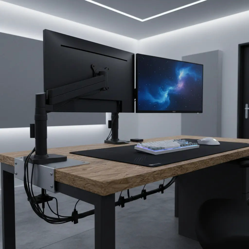 A reinforced budget desk with a heavy dual monitor arm safely clamped in a clean gaming setup.