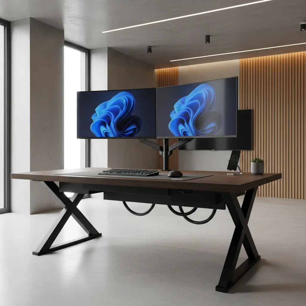 A stable modern gaming desk setup with two monitors in a clean, professional room.