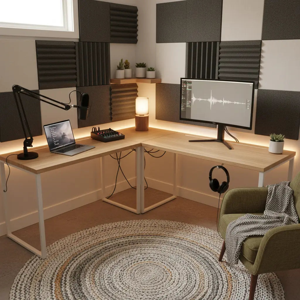Compact bedroom podcast studio setup with L-shaped desk, microphone boom arm, mixer, monitor and headphones in small room