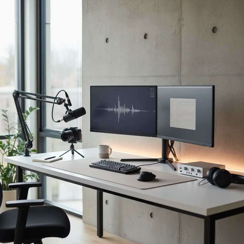 A well-organized creator streaming desk setup with dual monitors, microphone, camera, keyboard, and lighting gear arranged neatly on a spacious desk.