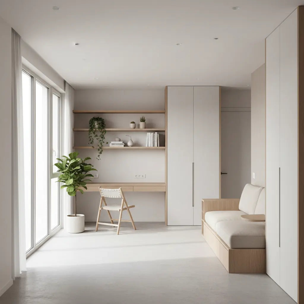 A stylish micro-apartment interior with a multi-functional desk, vertical shelving, and an open, airy layout.