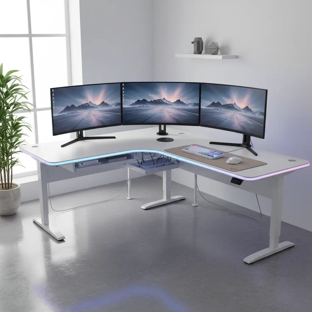 Clean organized gaming desk with hidden cables and cable management tray