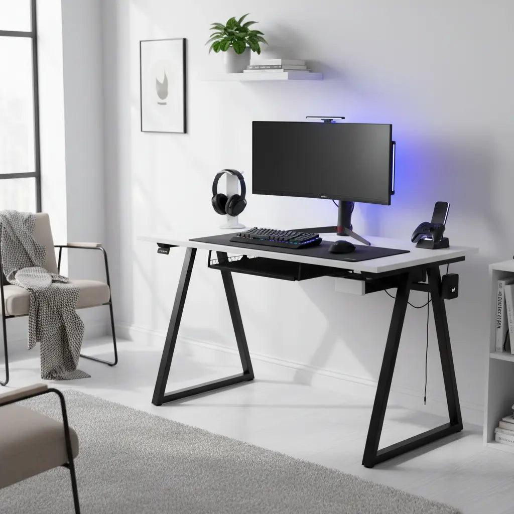 A compact modern gaming desk set up in a small apartment living space with subtle RGB lighting and space-saving accessories.
