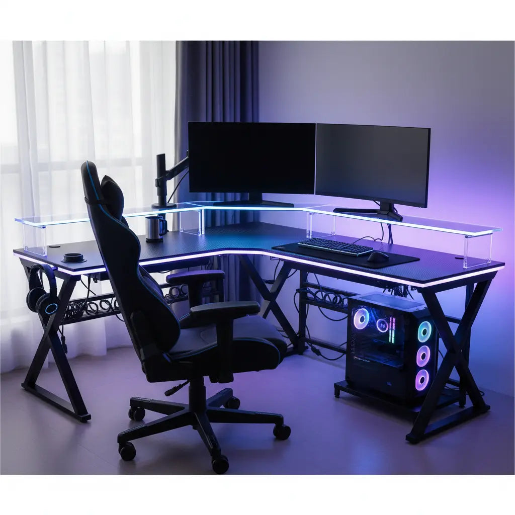 Modern L-shaped gaming desk setup with dual monitors, LED lights, and gaming peripherals in a corner of a home office