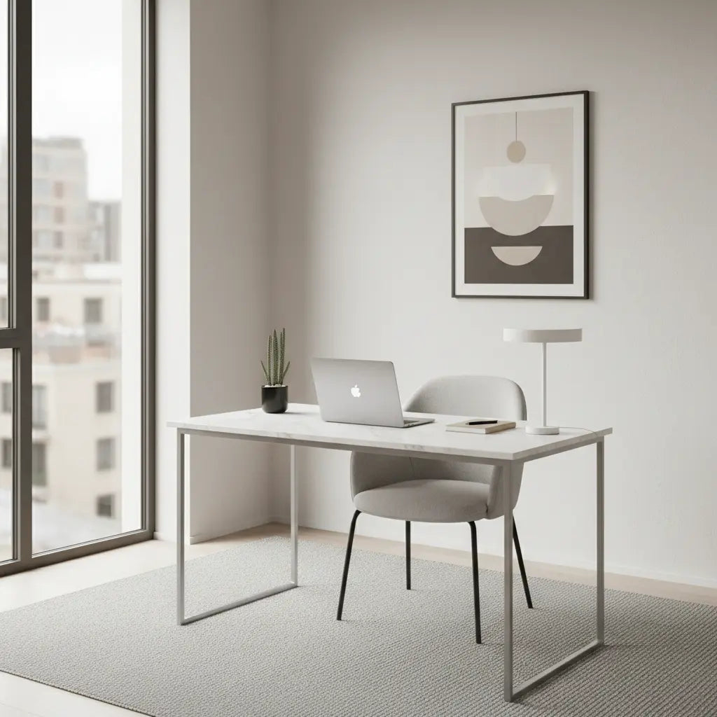 A clean, modern minimalist desk in a small apartment with neutral tones and no clutter.
