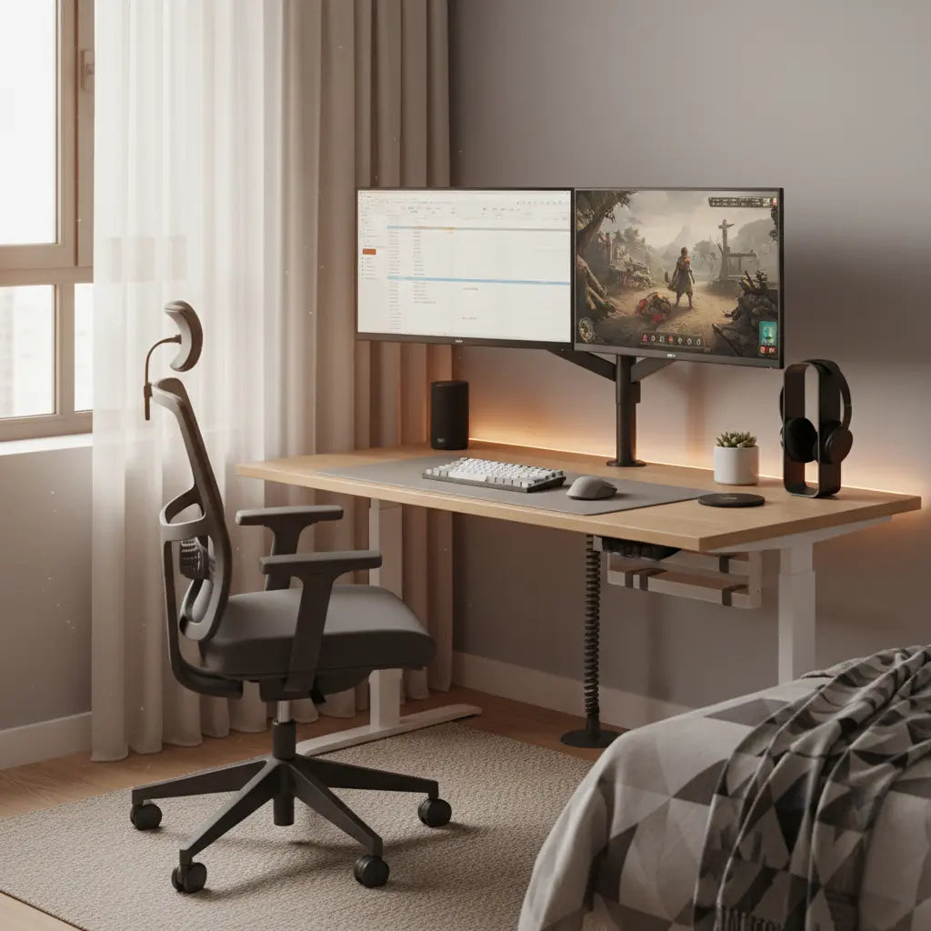 A compact bedroom corner arranged as a hybrid work-from-home and gaming desk setup with a clean daytime look and subtle RGB lighting accents.