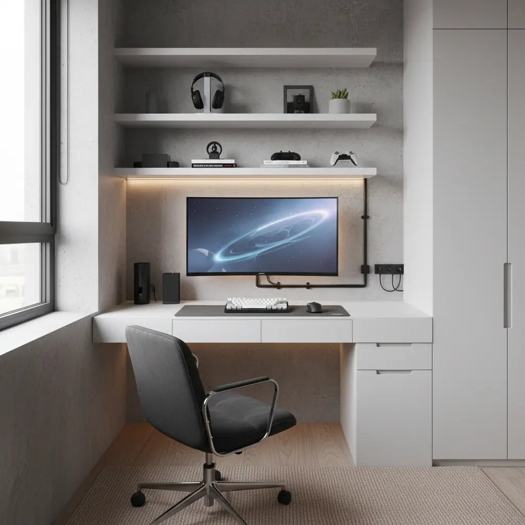 A modern compact gaming desk in a small urban bedroom with LED lighting and organized storage shelves.