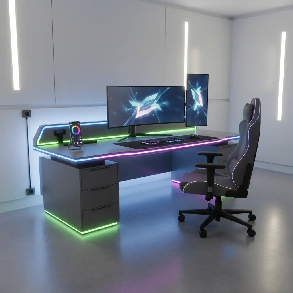 A modern gaming desk setup with vibrant RGB lighting under the desk edge and a smartphone app controlling the lights in a clean minimalist room.