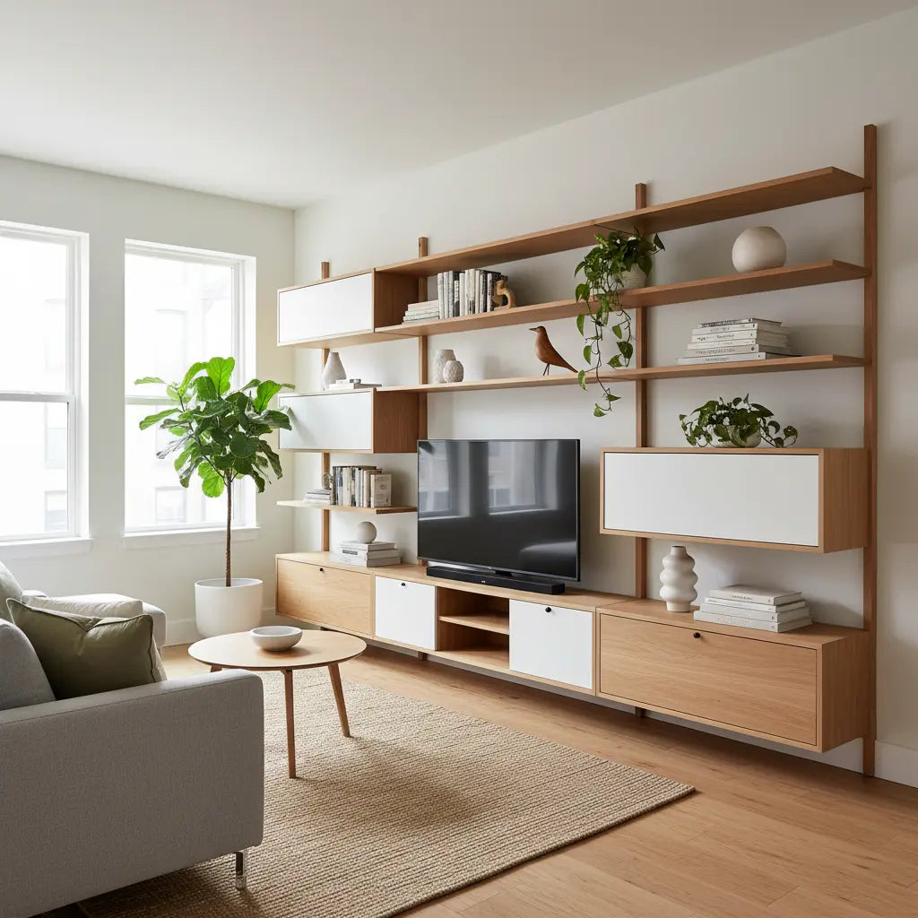 A bright modern small apartment living room with a modular wall storage system holding books, decor, a media console, and plants.