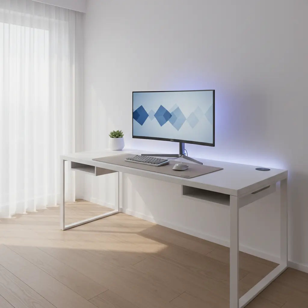 A clean minimalist gaming desk setup with hidden cables and soft RGB lighting.