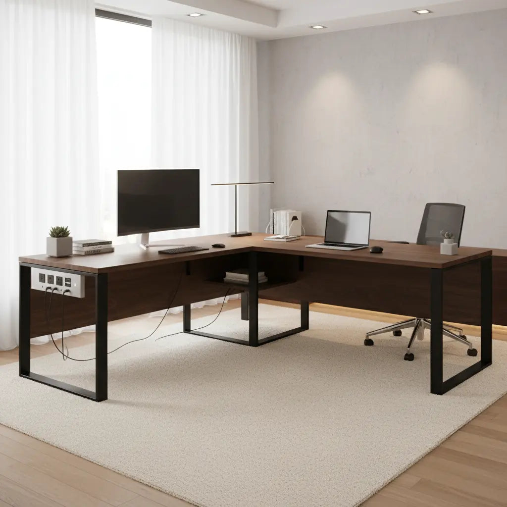 A modern L-shaped desk in a bright home office setup with integrated power outlets and USB ports, a laptop and monitor on top, and clean cable management.