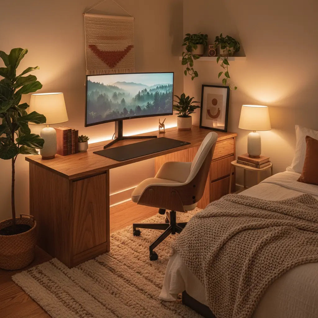 A cozy gaming setup in a small bedroom with a warm wood desk, soft ambient lighting, subtle warm RGB accents, plants, and books in an inviting home decor style.