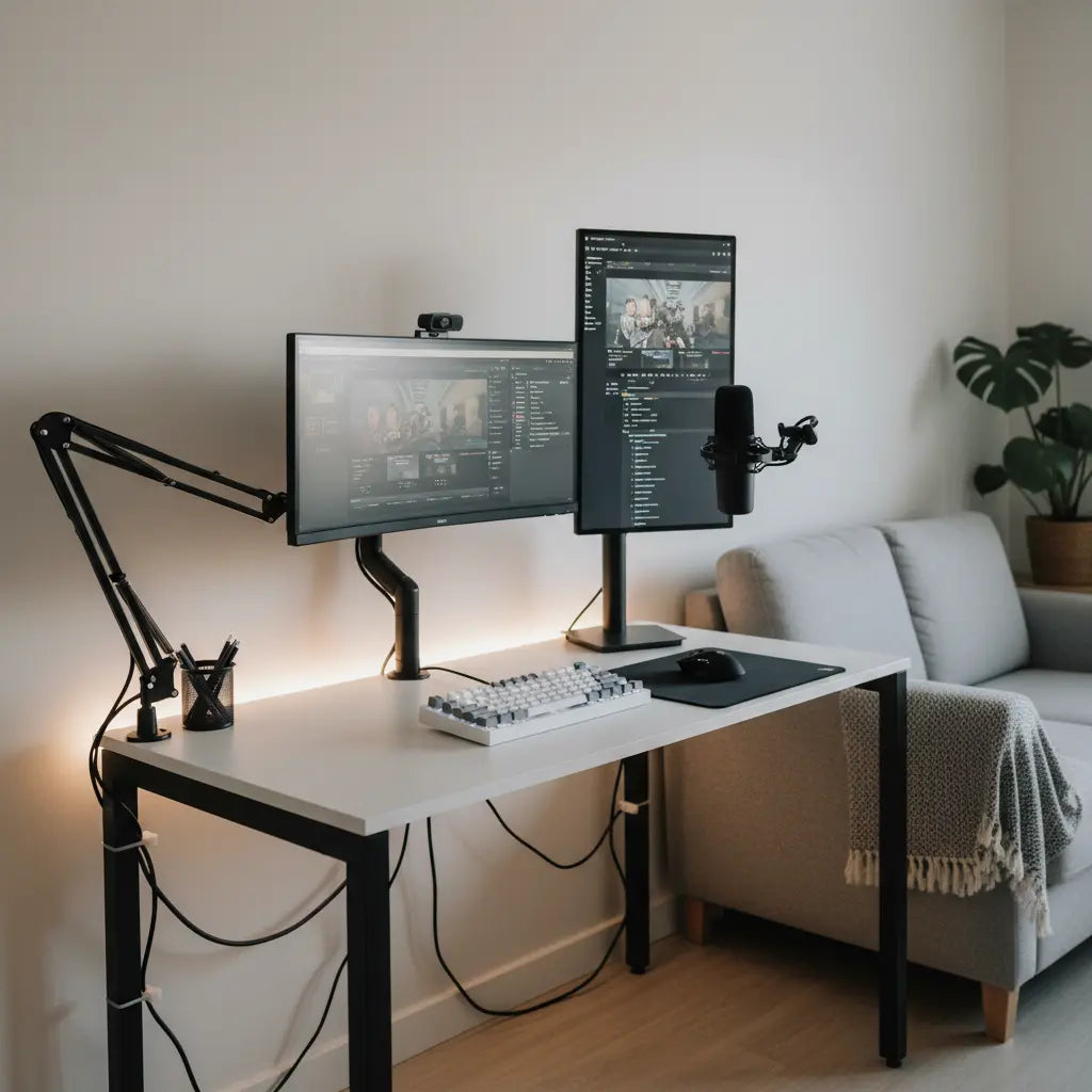 A compact modern creator studio desk in a small apartment corner with dual monitors, a microphone on a boom arm, tidy cables, and soft LED lighting.