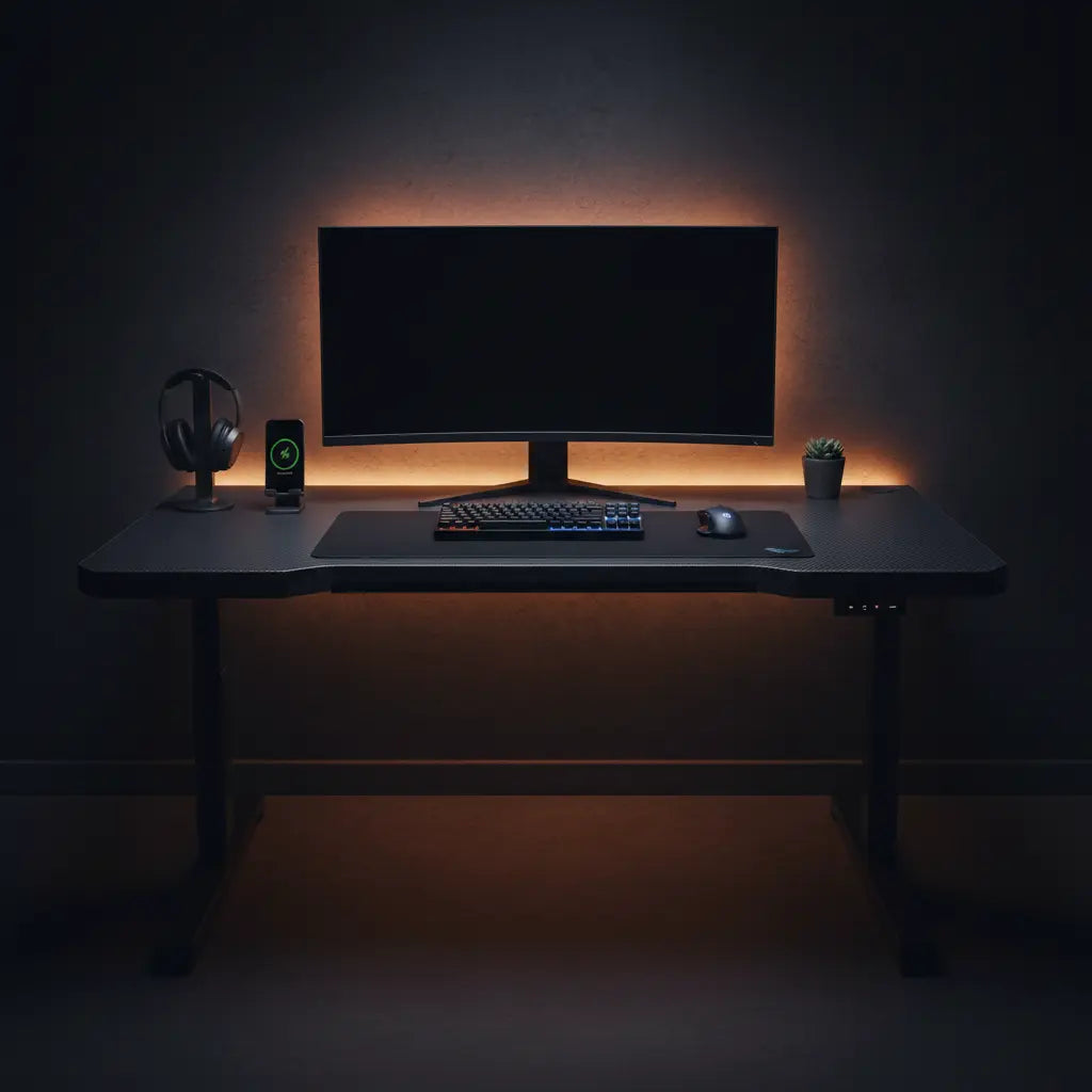 A premium-looking budget gaming desk setup with dark tones, RGB accents, and a clean, high-end styled workspace.
