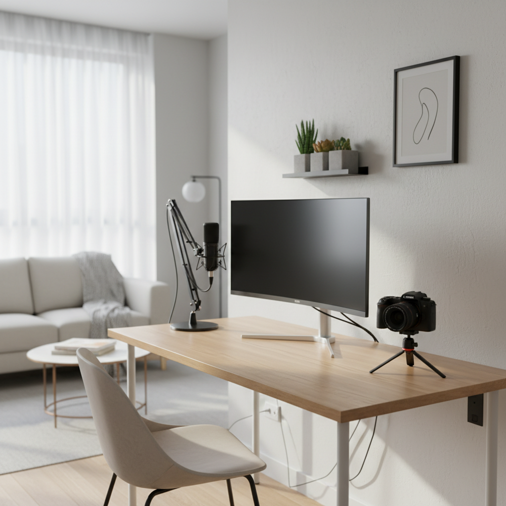 A clean, professional creator desk setup in a small modern apartment with a compact monitor, microphone, camera, and soft natural light.