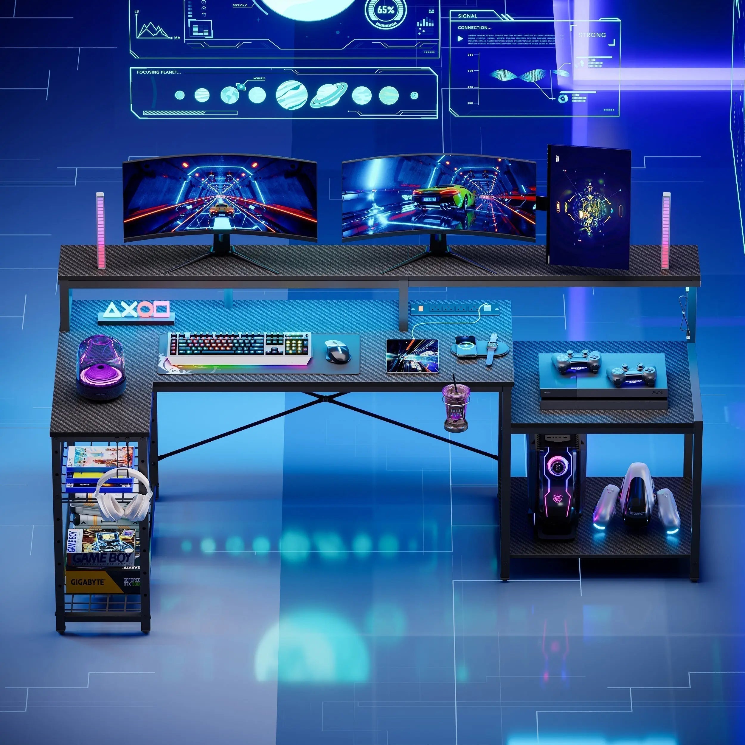 Ergonomic L-shaped gaming desk featuring a raised monitor shelf and carbon fiber surface for optimal screen height and posture.