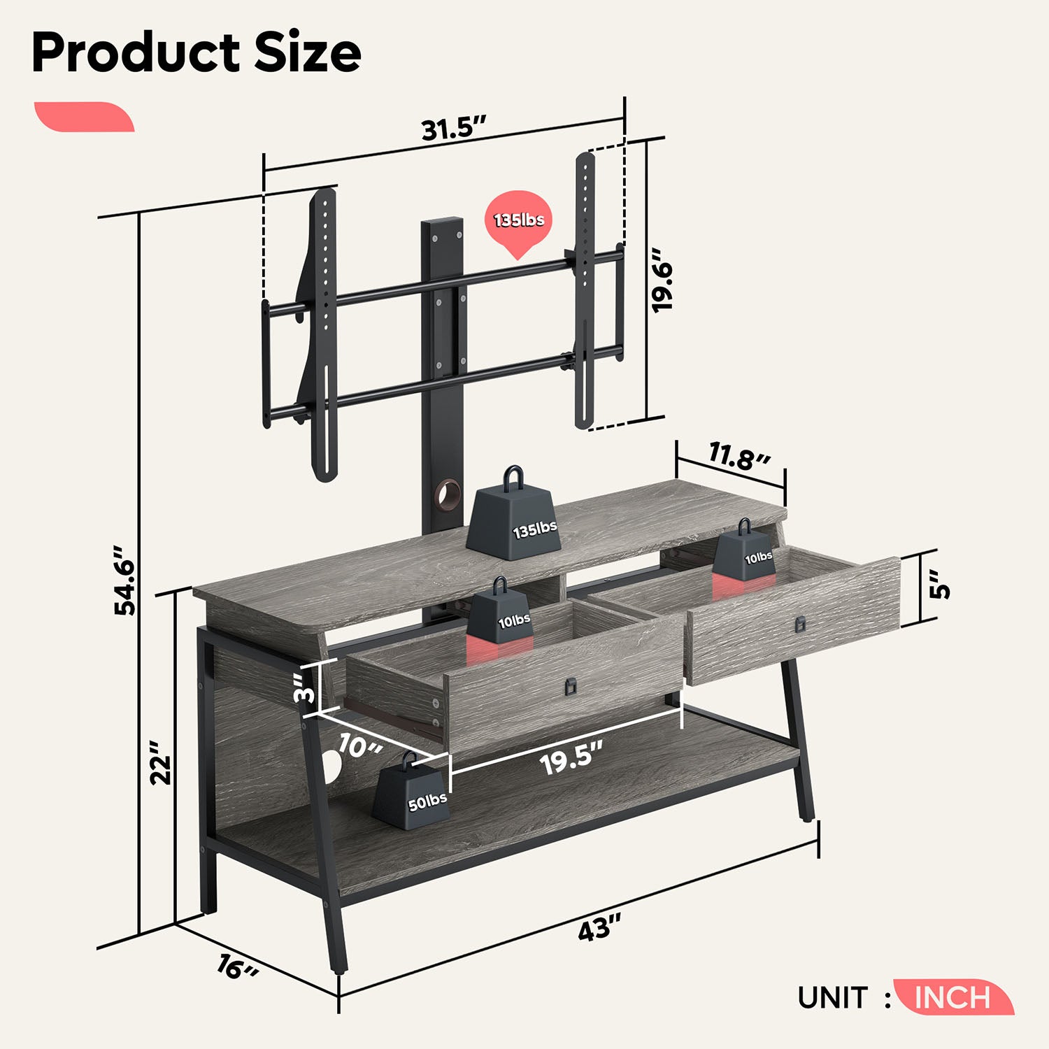 Bestier TV Stand for TVs up to 65" with Adjustable Wall Mount, Retro Grey Oaks Finish-a Bestier