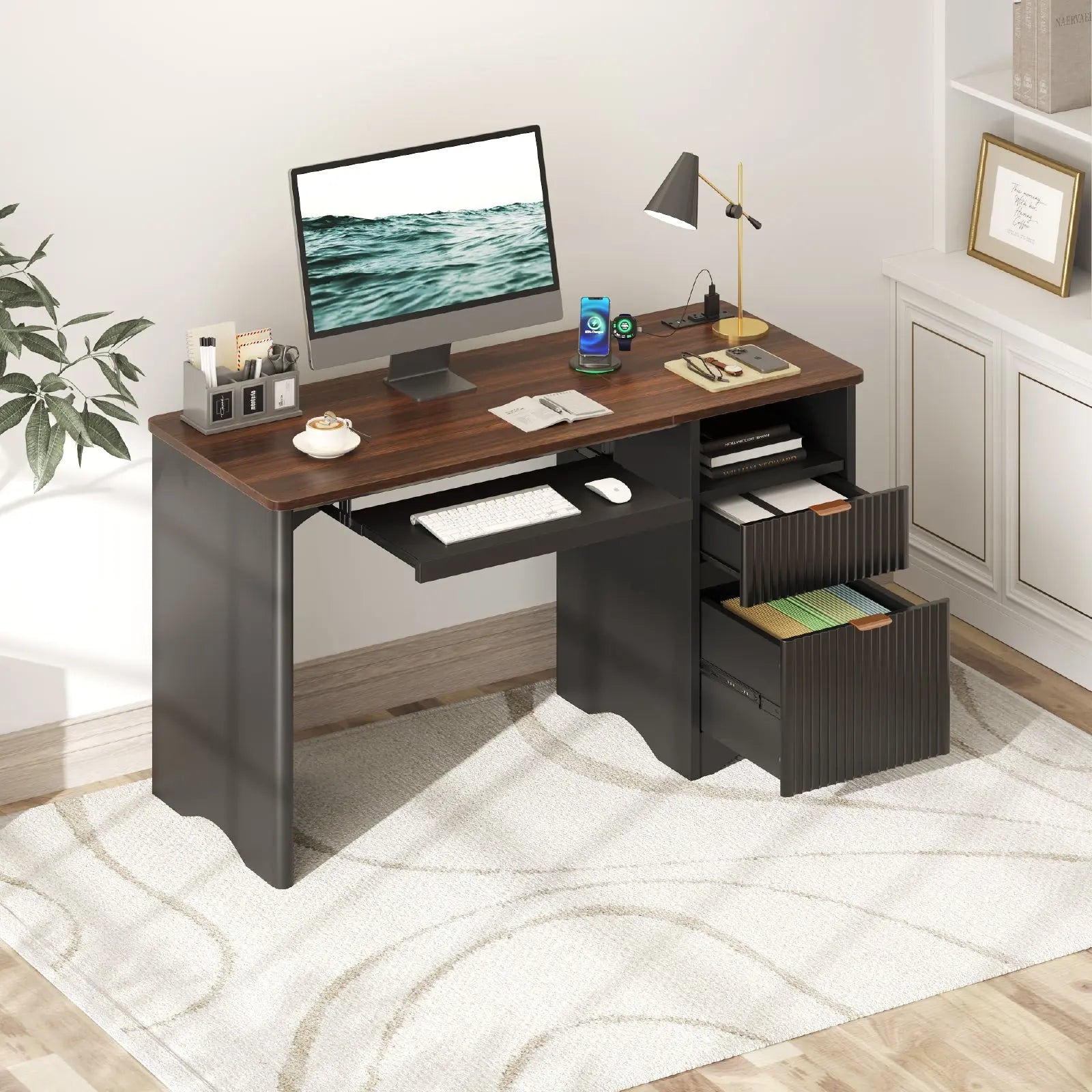 55-inch Double Drawer Desk with USB Charging Ports & Keyboard Tray Bestier