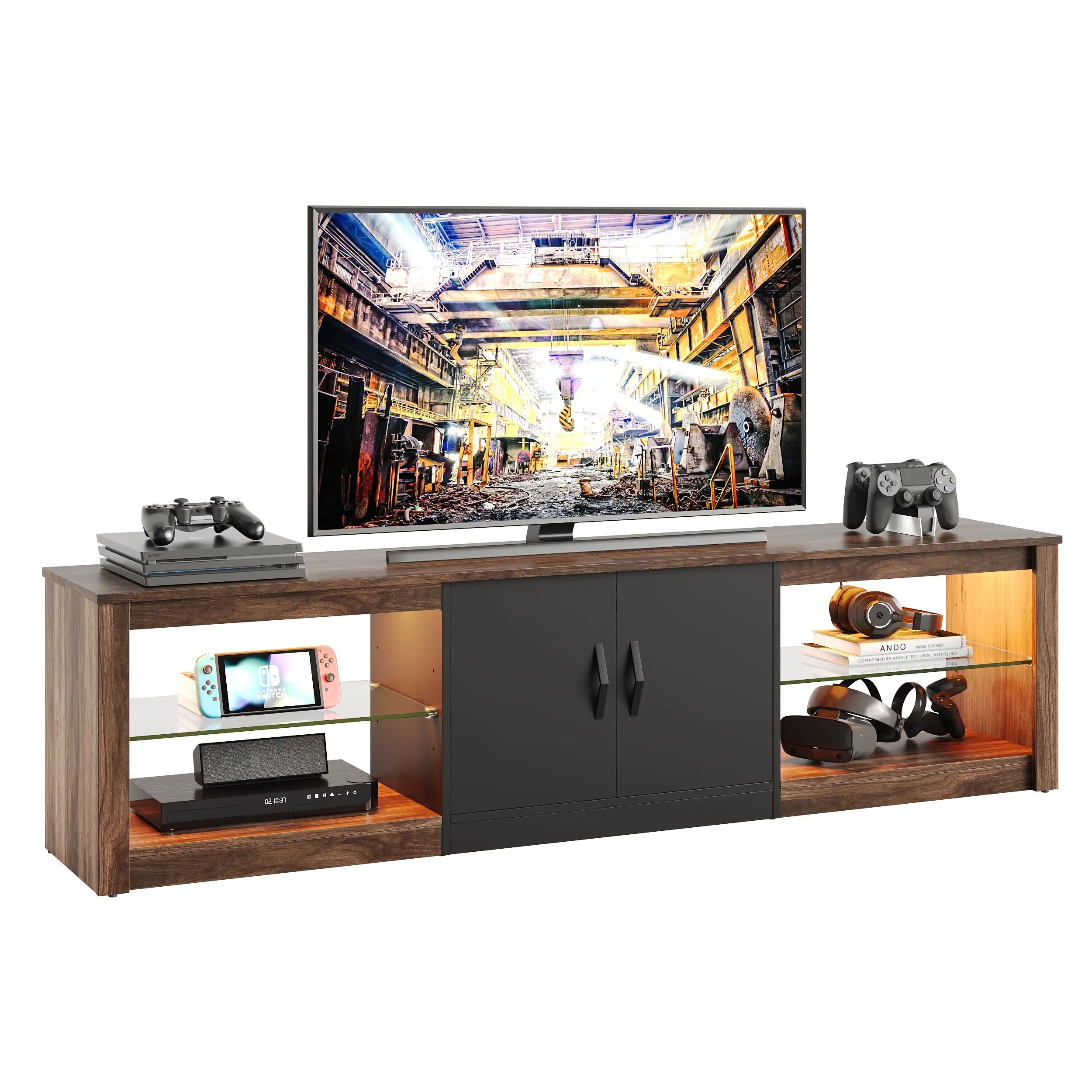 71-inch Gaming TV Stand with RGB Lights & Adjustable Glass Shelves, Walnut Bestier