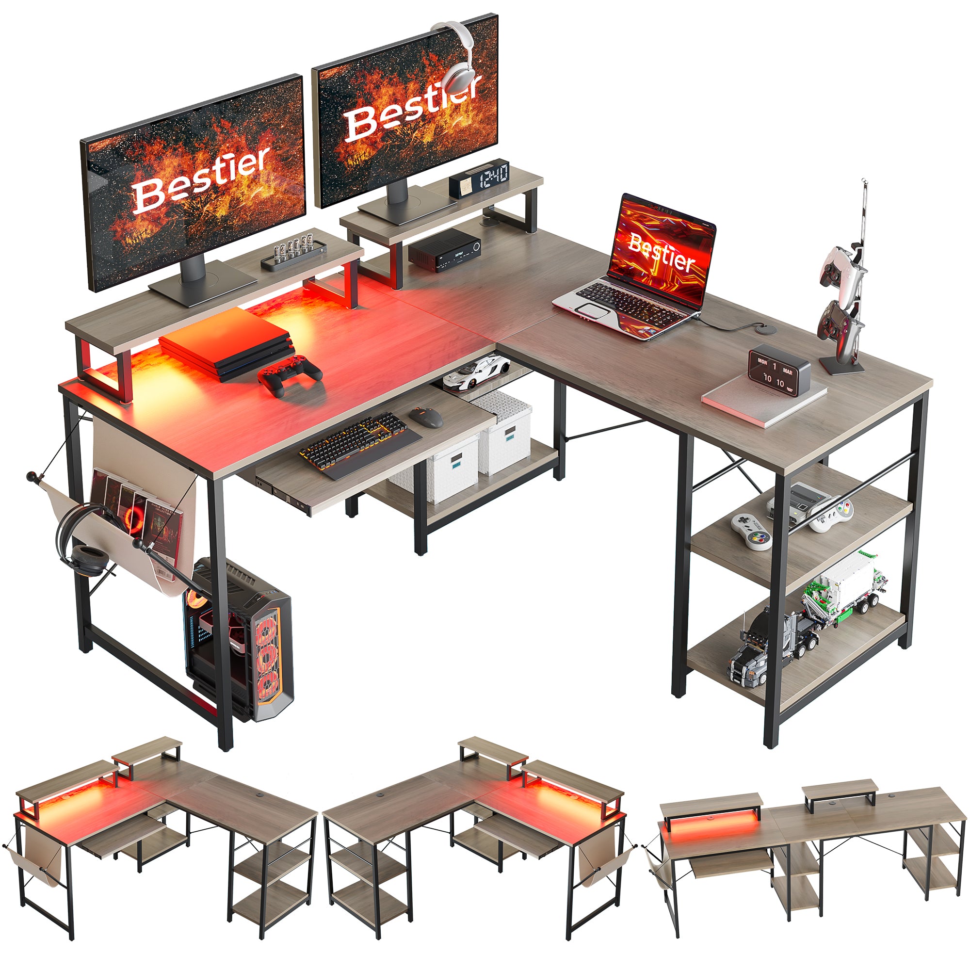 Bestier L Shaped Gaming Desk or 2 Person Long Table with Shelves Monitor Stand and Keyboard Tray