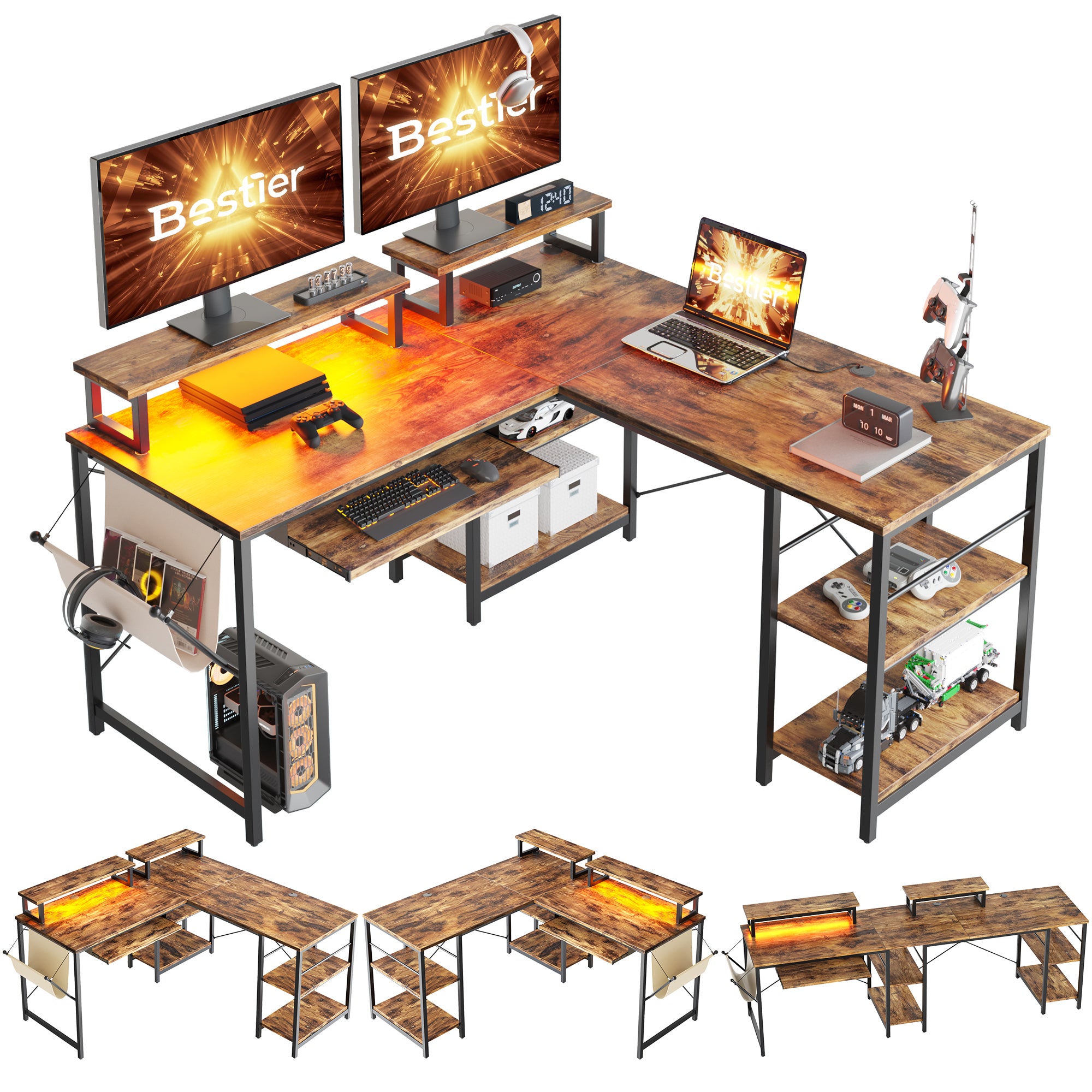 Bestier L Shaped Gaming Desk or 2 Person Long Table with Shelves Monitor Stand and Keyboard Tray