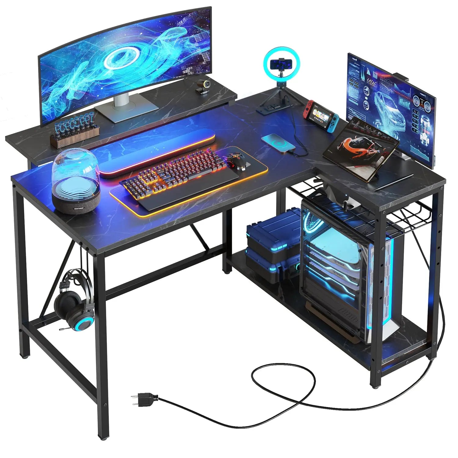 Bestier 42" Reversible L-Shaped Gaming Desk with Power Outlets LED Lights and Monitor Stand &Storage Shelves & Hooks for Bedrooms & Home Offices Bestier