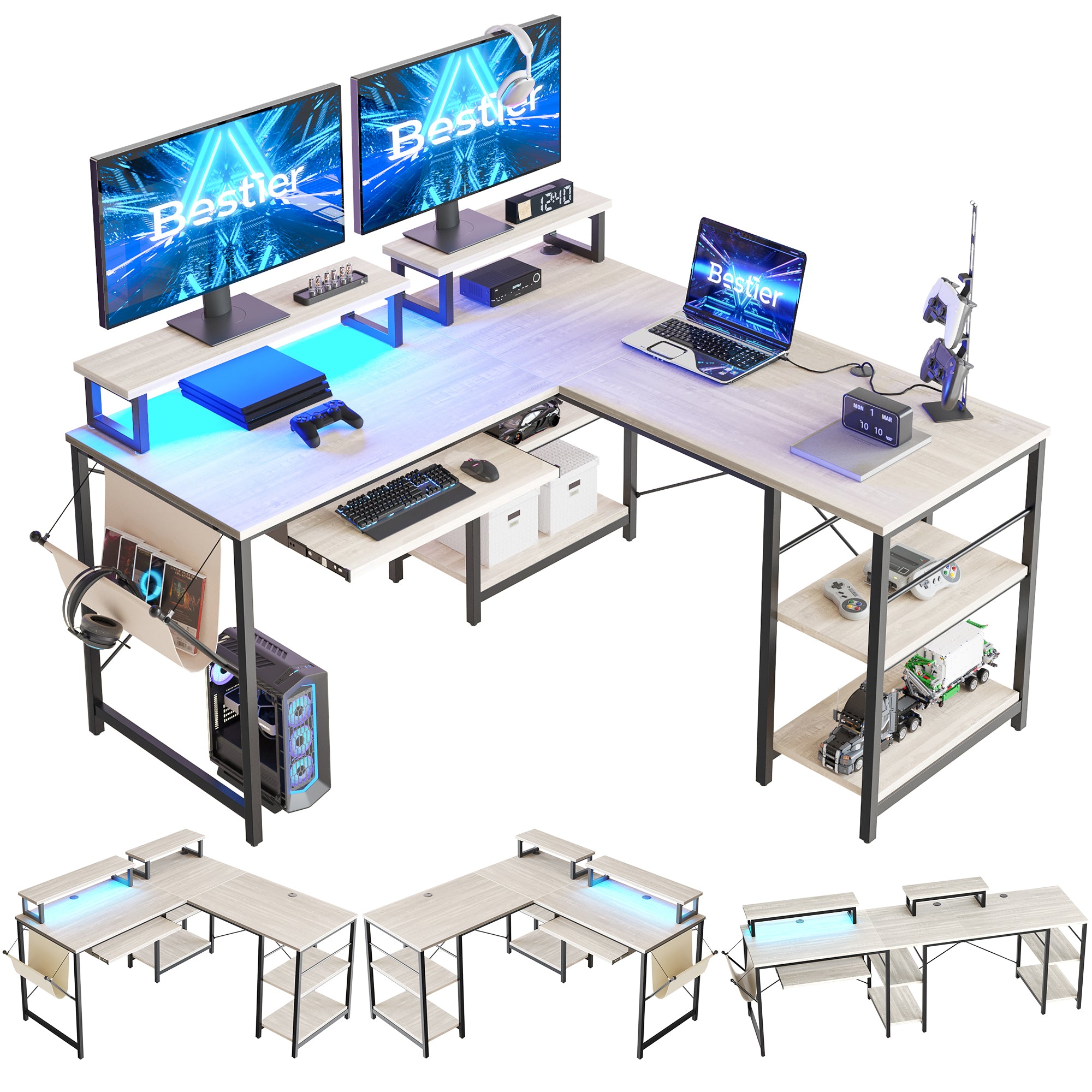 Bestier L Shaped Gaming Desk or 2 Person Long Table with Shelves Monitor Stand and Keyboard Tray