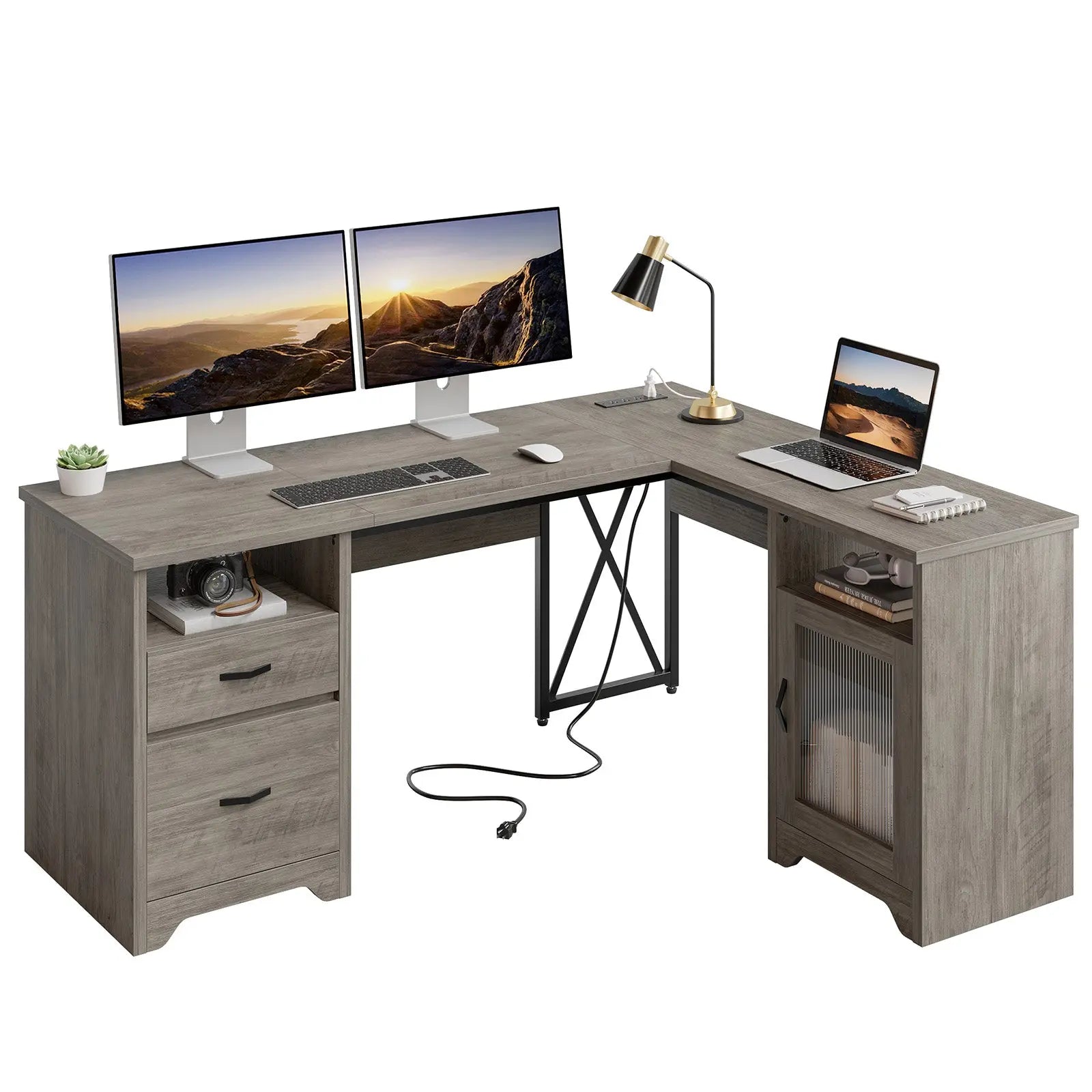 Bestier 63" Farmhouse L Shaped Desk Office Computer Desk with Charging Station & Cabinet, Corner Desk with File Drawers for Home Office Bestier